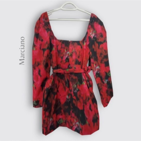 Marciano Guess "Red Rhapsody" 60s Style Floral Puff Shoulder Dress - Picture 5 of 16